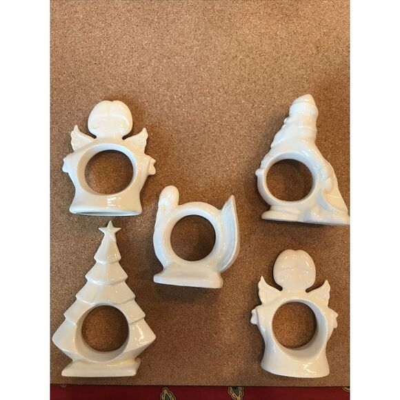 Ceramic Napkin Rings Set of 5 White Angels Santa Turkey Christmas Tree Handmade - Picture 3 of 9